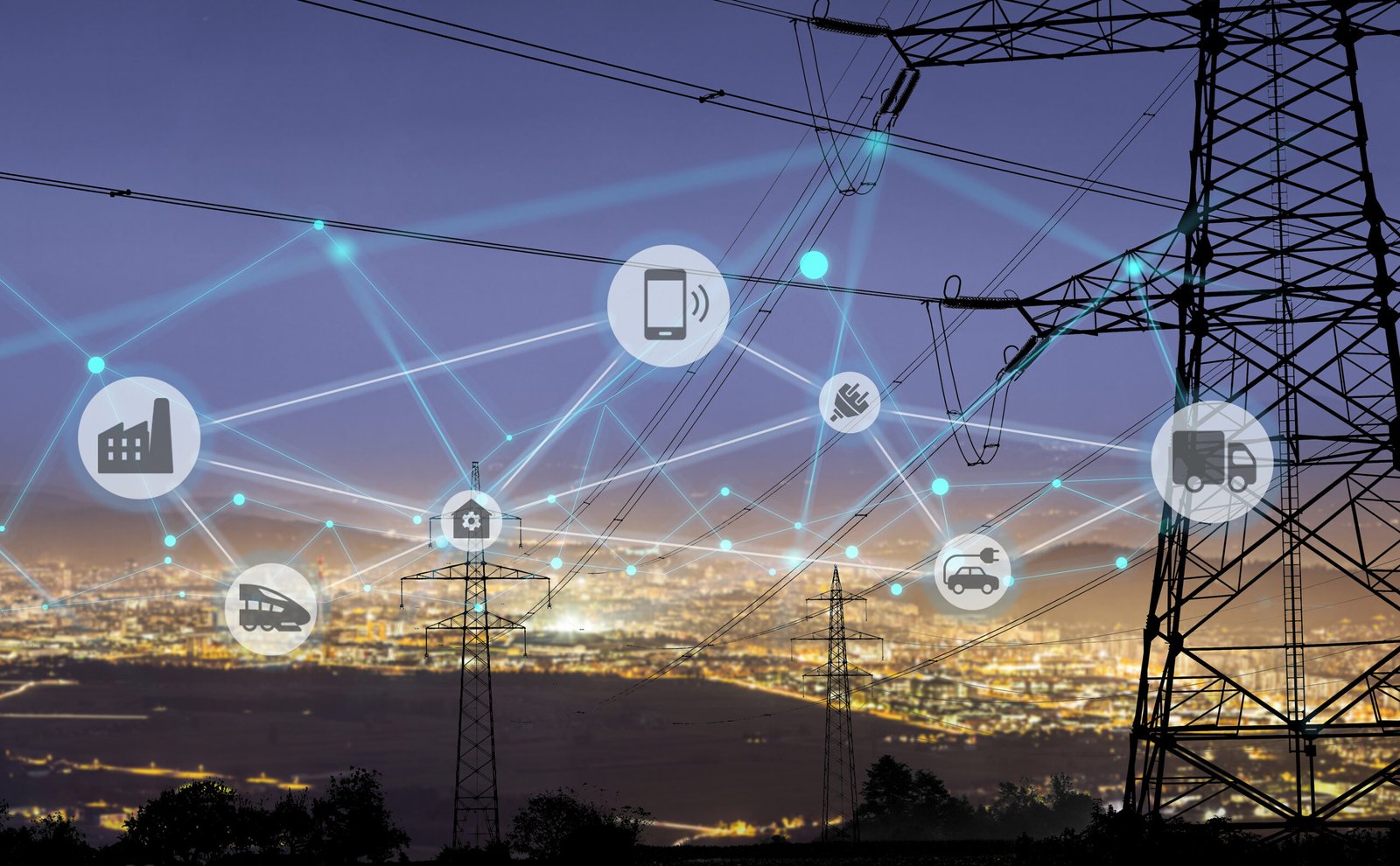 High power electricity poles in urban area connected to smart grid. Energy supply, distribution of energy, transmitting energy, energy transmission, high voltage supply concept photo, smart grid, smart home
